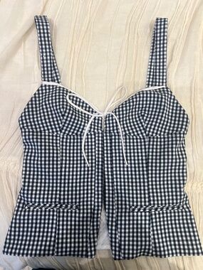 Zara Navy & White Gingham Corset Top Size M